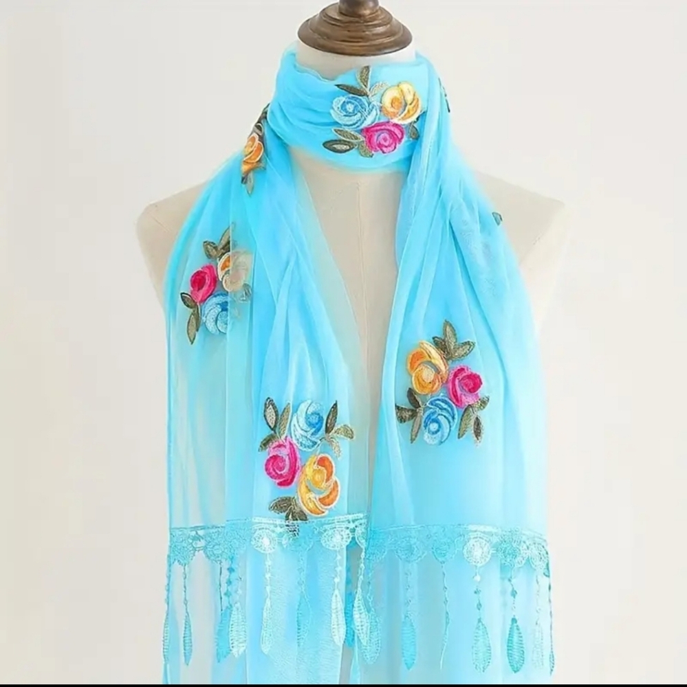 Scarf Colorful Embroidered Floral Tassel Semi-Sheer Lake Blue